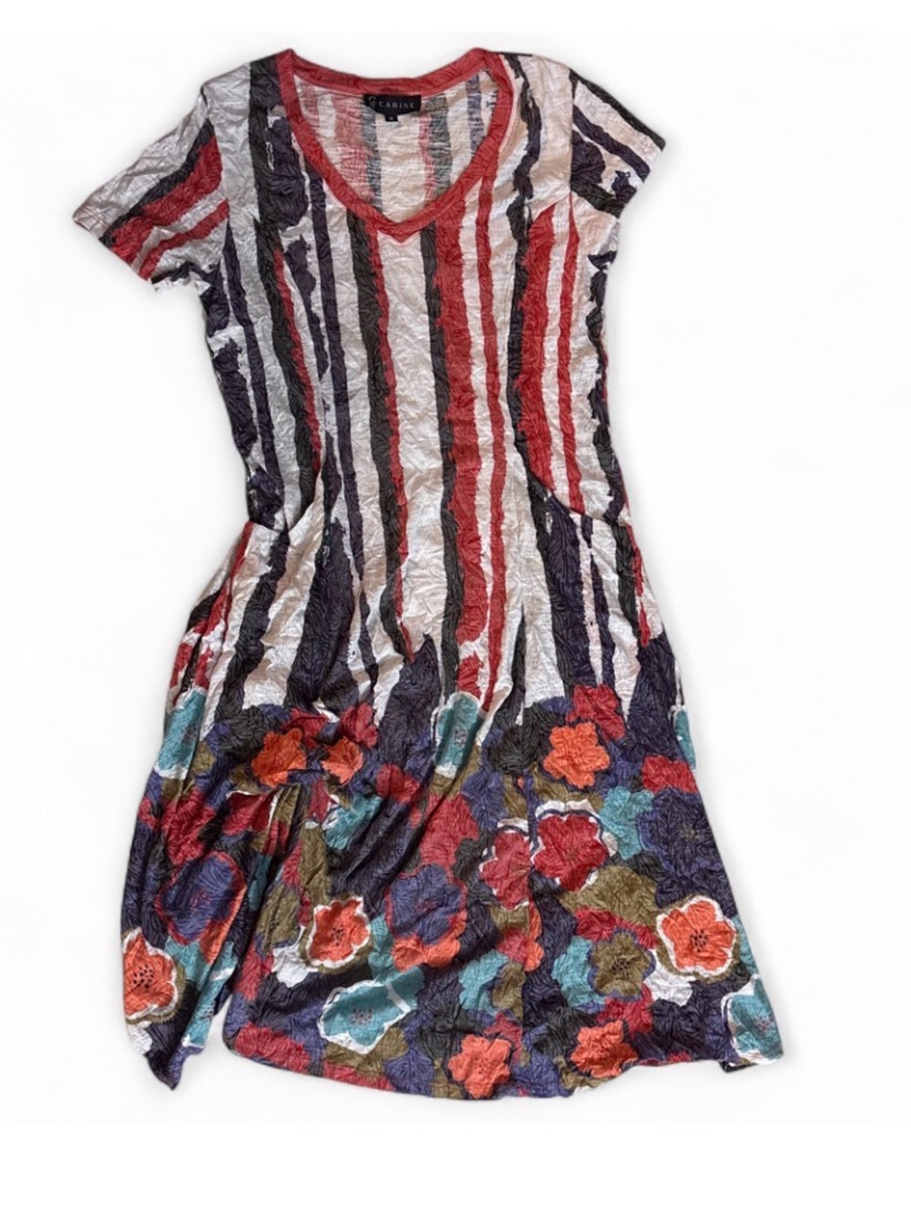 Casual V-Neck Floral Stripe Dress - Multicolor